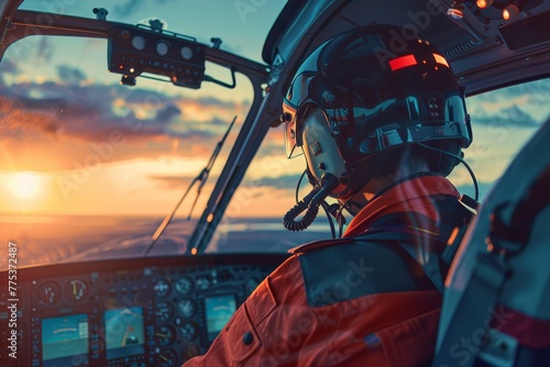 Emergency medical helicopter pilot at sunset with focused cockpit view