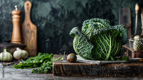Whole kale on the rustic wooden desk, snail © DB Media