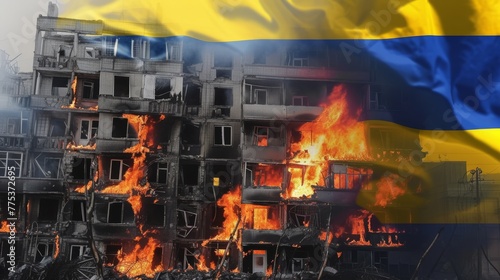 burning destroyed residential buildings against the backdrop of the flag of ukraine --no text, titles --ar 16:9 --quality 0.5 --stylize 0 Job ID: d63c9d72-1a5f-4026-9bb4-0eb46c062b61