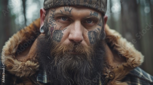A man with a beard and tattoos on his face, AI photo