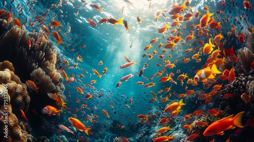 Vibrant marine life colorful fish shoal in underwater vortex with coral reef and aquatic ballet