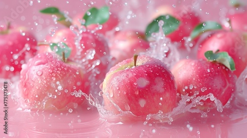 A bunch of apples are being washed in a pink liquid, AI