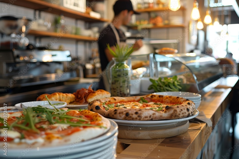 Freshly baked pizza served in a modern minimalist cafe with cozy ambiance
