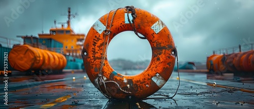 Professional marina worker repairing lifebuoy metal structure in port for safety. Concept Marine safety, Marina worker, Lifebuoy repair, Port maintenance, Professional skills