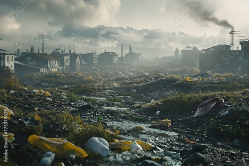 dystopian futuristic countryside landscape with power plants in the background, sad landscape with trash laying everywhere as the worst case in the environmental development in the future photo