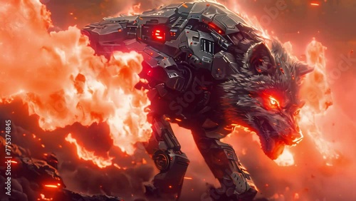 armored wolf with a metallic body, surrounded by fiery effects. This robotic wolf boasts a dark armor shell with red highlights resembling eyes and joints photo