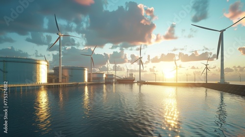 Wind turbines and storage tanks at an LNG terminal during sunset