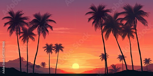 serene summer background featuring majestic coconut trees silhouetted against a warm-toned sunset. The sky is painted in hues of orange and pink, casting a golden glow over the landscape. 