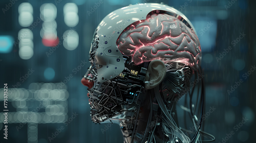 a robot head with a brain and cybernetic wires, in a futuristic style, with a blurred dark blue city street in the background a robot head with a brain and cybernetic wires, in a futuristic style, with a blurred dark blue city street in the background