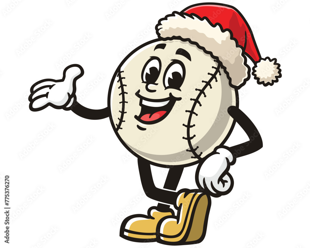 Baseball wearing a Christmas hat cartoon mascot illustration character vector clip art hand drawn