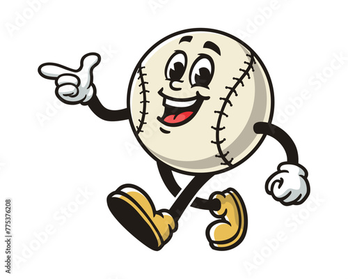 walking Baseball with pointing finger cartoon mascot illustration character vector clip art hand drawn