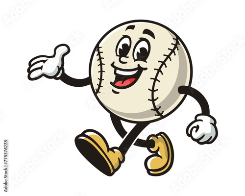 Baseball is walking leisurely cartoon mascot illustration character vector clip art hand drawn