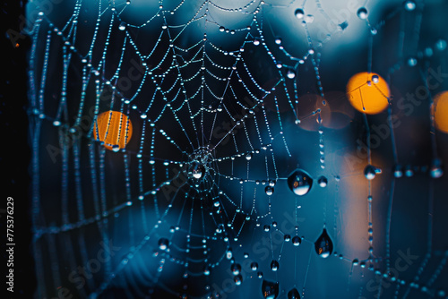 A spider web is shown with raindrops on it