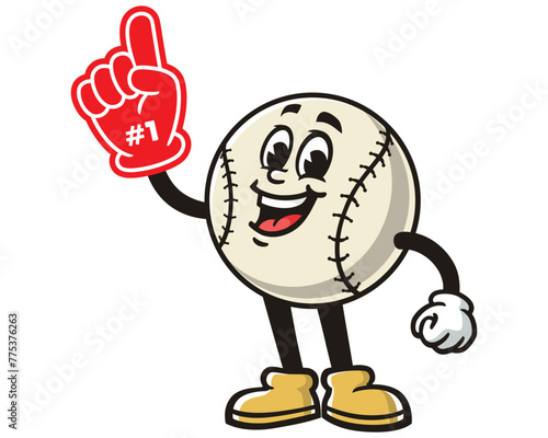 Baseball with foam finger cartoon mascot illustration character vector clip art hand drawn