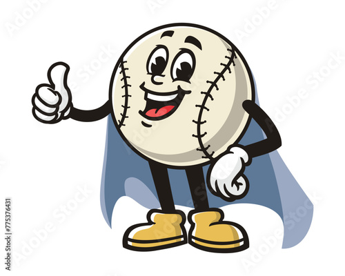 Baseball with caped superhero style cartoon mascot illustration character vector clip art hand drawn