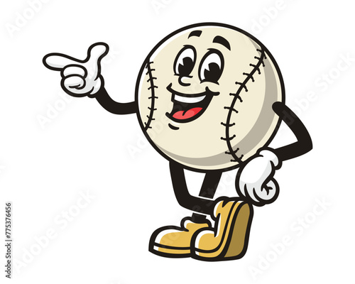 Baseball with pointing finger cartoon mascot illustration character vector clip art hand drawn