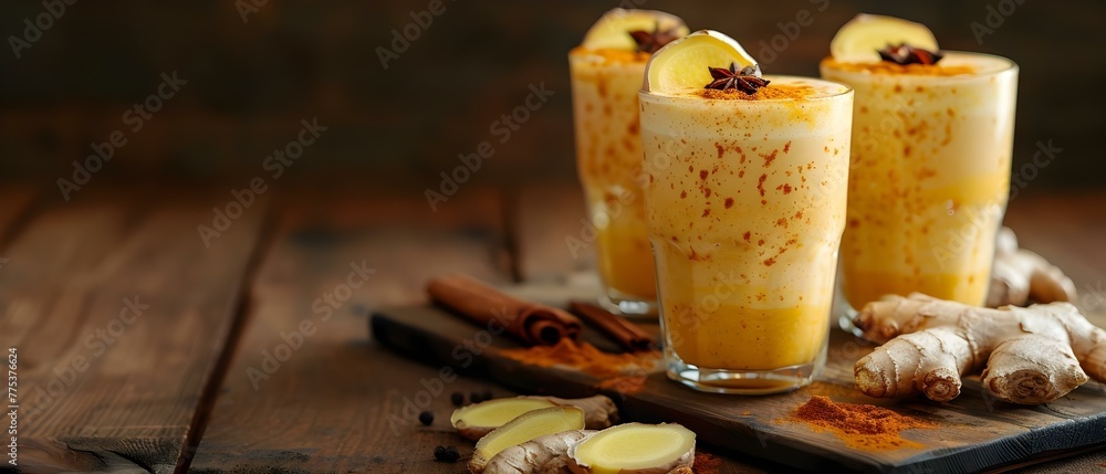 Vegan turmeric latte with ginger black pepper and spices on wooden background Antiviral beverage with ayurvedic benefits. Concept Vegan Recipes, Turmeric Latte, Ayurvedic Beverages, Antiviral Drinks