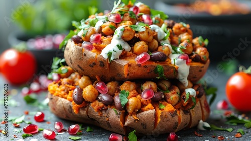   A beautifully arranged stack of roasted sweet potatoes, adorned with beans, finished with a dollop of sour cream and accentuated with pomegranate seeds