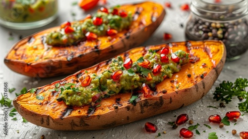   Two sweet potatoes with guacamole, a bowl of beans in the background