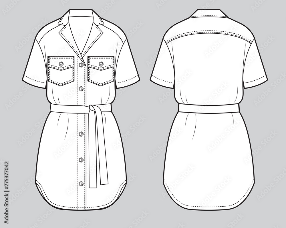Women's belted shirt dress, fashion illustration - obrazy, fototapety, plakaty 