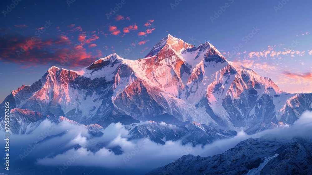 Alpenglow on snowcapped peaks  ultrarealistic wideangle photography in high resolution
