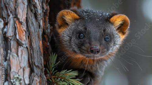   Close-up of a small animal on the side of a tree with snow on its face and a pine branch in the foreground