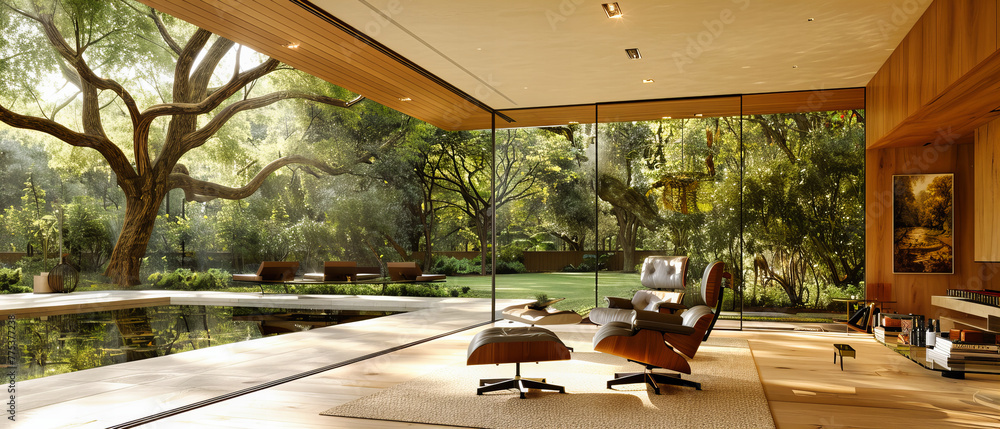 Fototapeta premium Modern Open Space with Garden View, Luxury Interior Design, Indoor-Outdoor Living Harmony
