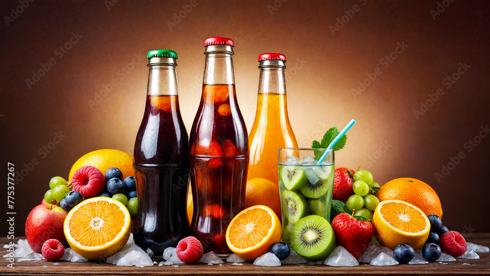 fresh fruits above coke bottle fresh fruits above coke bottle