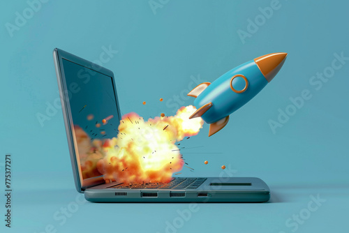 Illustration of a rocket flying out of a laptop.