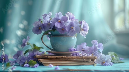   A teacup with purple flowers sits atop a tablecloth of blue, surrounded by stacked books photo