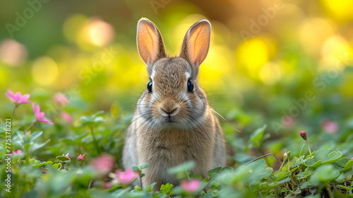 Close-up wild rabbit in sunlit garden.