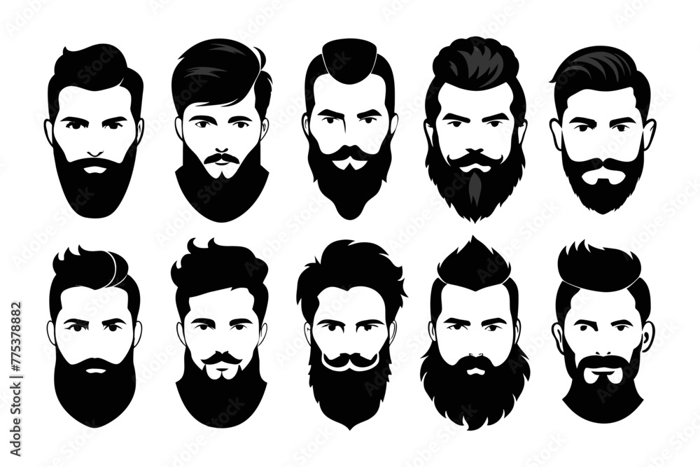 Silhouette Iconic Men's Beard and Hairstyle Set Perfect for Barber Shops, Haircuts, and Men's Fashion white background Silhouette Iconic Men's Beard and Hairstyle Set Perfect for Barber Shops, Haircuts, and Men's Fashion white background