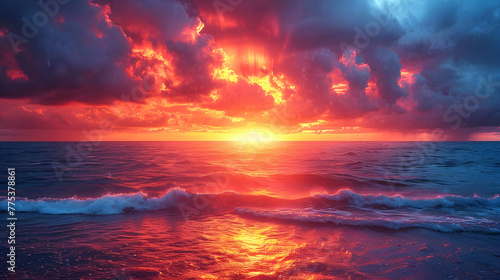 Beautiful seascape. Sunrise over the sea. 3d rendering, AI Generated