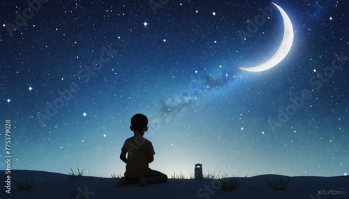 Watercolor illustration of a child silhouette kneeling and praying under a blue starry night sky with a crescent moon