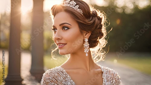 elegant woman with medium skin tone exudes royalty, adorned with a crystal-embellished tiara on her voluminous, curly updo hairstyle. photo