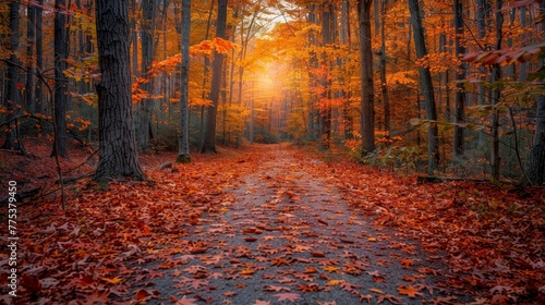 Tranquil autumn trail vibrant foliage, sunlight through trees, crisp details, high dynamic range