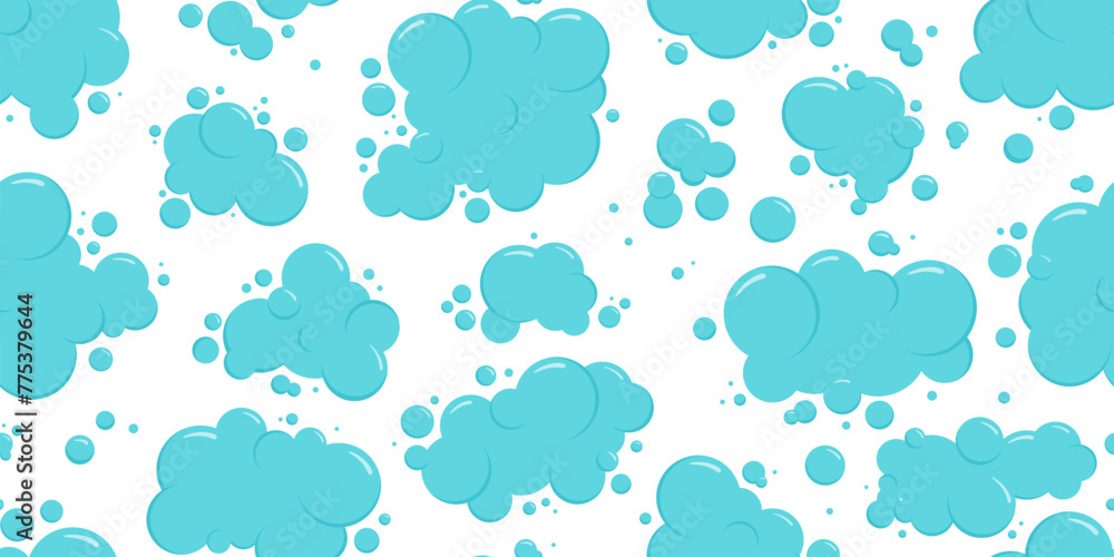 Cartoon blue cloud sky or foam bubble water seamless pattern, soap ball background, bath shampoo suds print. Wash, laundry, clean underwater set. Soda, carbonated fun texture. Vector illustration