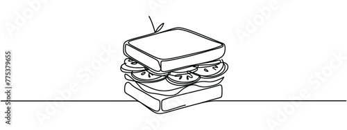 One single line drawing of fresh sandwich logo vector graphic art illustration. Hot dog fast food cafe menu and restaurant badge concept. Modern continuous line draw design street food logotype.