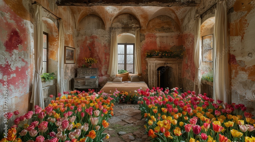   A room with a fireplace and a tablecloth-covered table surrounded by tulips