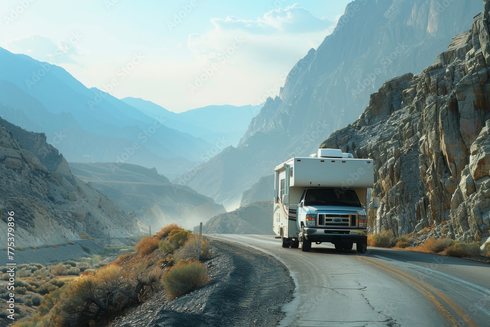 Obraz premium Scenic RV motorhome roadtrip Adventure in Majestic Mountain Landscape