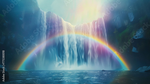 graceful arc of a rainbow forming over a cascading waterfall