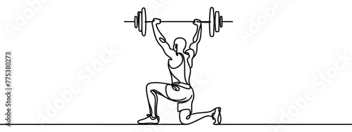 One Line Drawing or Continuous Line Art of a Strong Athletic Guy Lifting Weights and Bodybuilder Training. Vector Illustration