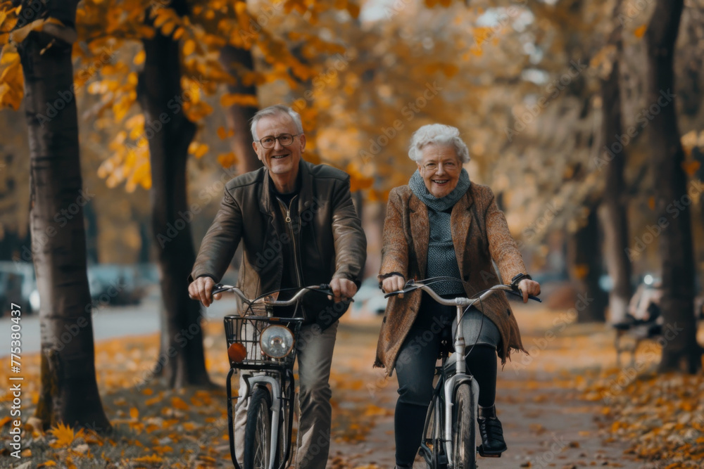 Fototapeta premium Senior couple enjoying a bike ride in an autumn park.