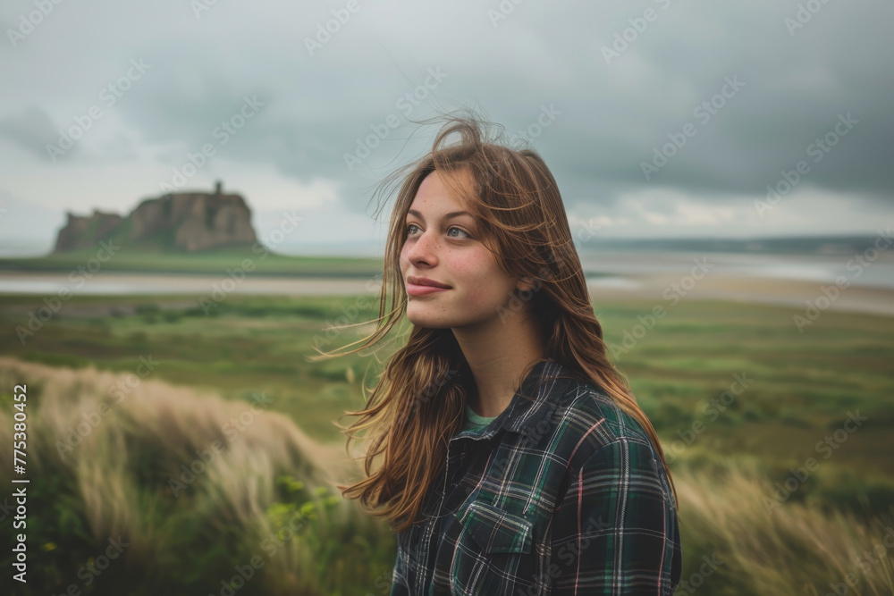 Thoughtful woman in front of Mont Saint-Michel under a cloudy sky.