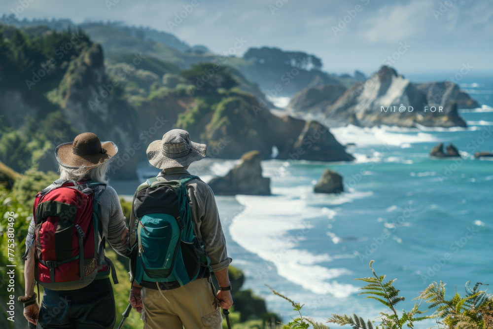 Senior couple with backpacks admiring a coastal view. Senior couple with backpacks admiring a coastal view.
