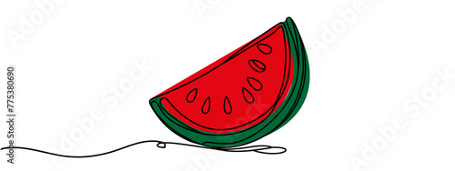 One continuous line drawing of sliced healthy organic watermelon for orchard logo identity. Fresh fruitage concept for fruit garden icon. Modern single line draw design graphic vector illustration