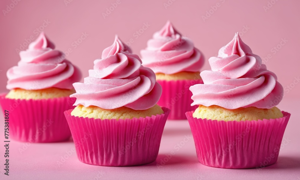 Cupcakes with pink frosting on white background, closeup
