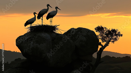 Silhouetted White storks (Ciconia ciconia) at nest, on large granite boulder, silhouetted against evening sky, Los Barruecos Natural Monument, Caceres, Extremadura, Spain, April 2009 photo