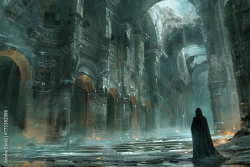Solitary Figure Standing Amidst the Ruins of an Ancient Cathedral