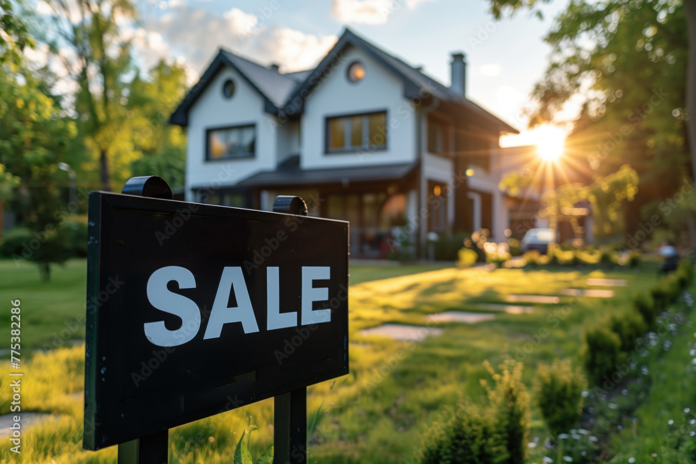 Obraz premium House with a sale sign in front of the house. Real estate concept.